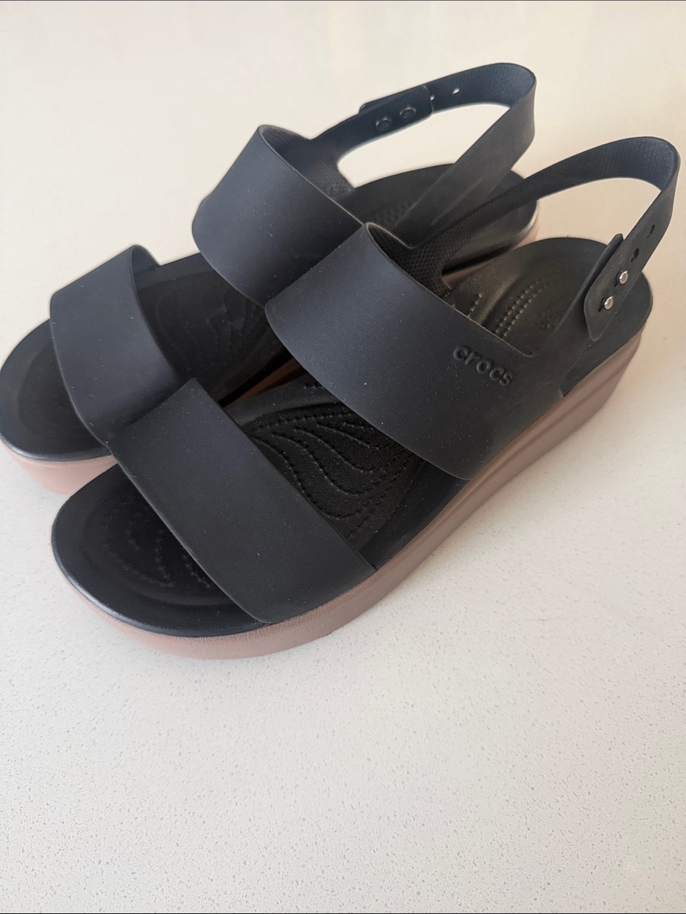 CROCS Women’s Black Dual-Strap Platform Sandals with Brown Platform